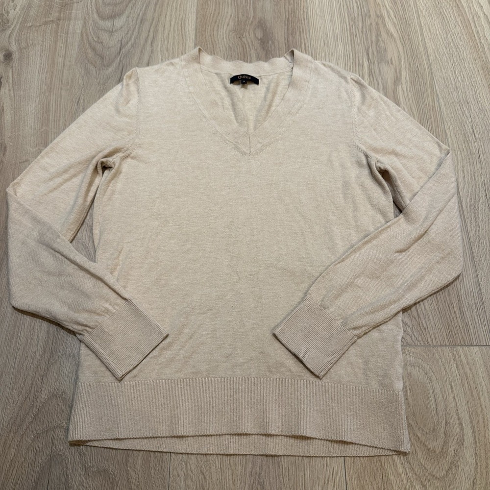 Quince Lightweight Cotton Cashmere V-Neck Sweater Oatmeal Women's‎ Sz Small